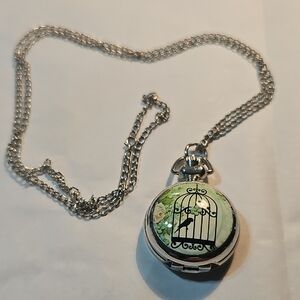 Silver Pocket Watch Necklace with Garden Design Works Perfectly